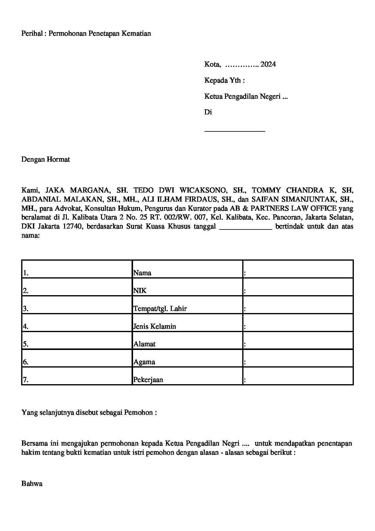 Halaman pertama dokumen Permohonan Penetapan Kematian (Versi 1)