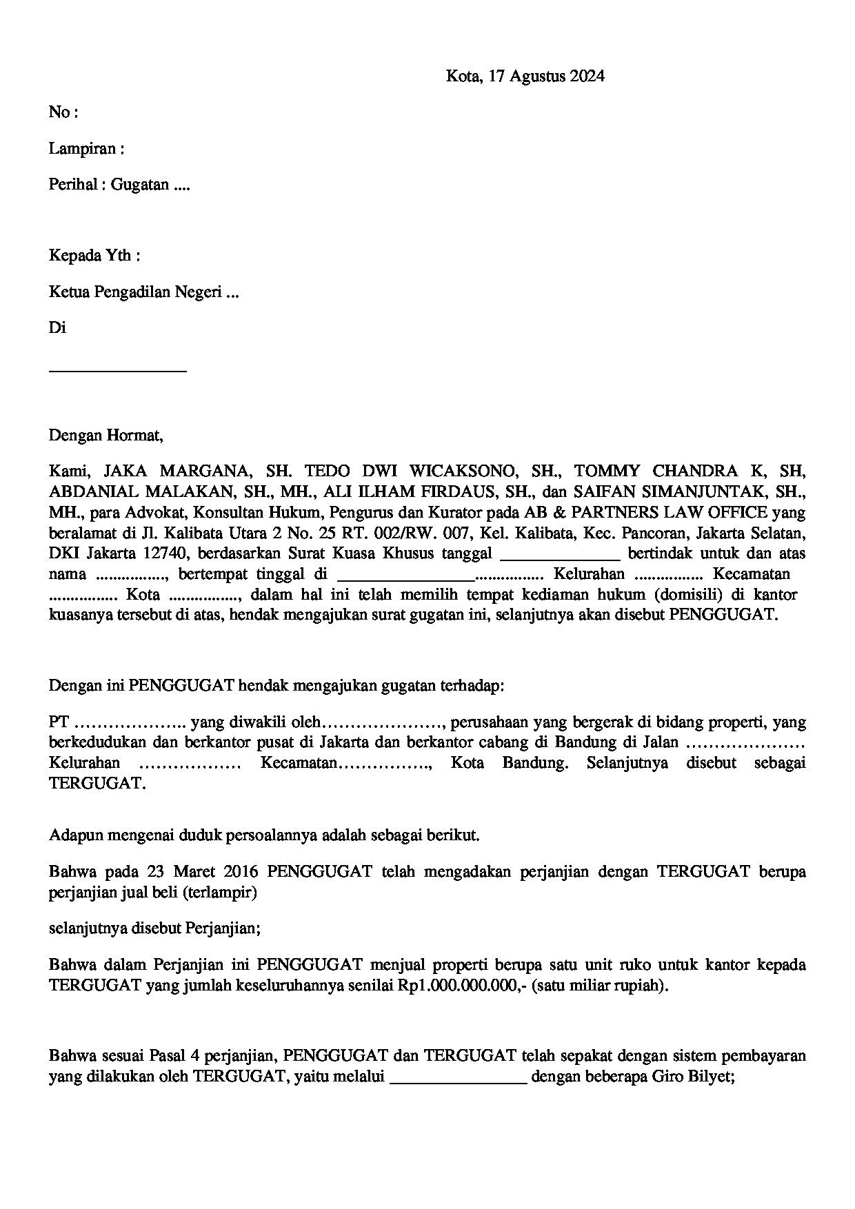 Halaman pertama dokumen Gugatan Wanprestasi Jual Beli Properti