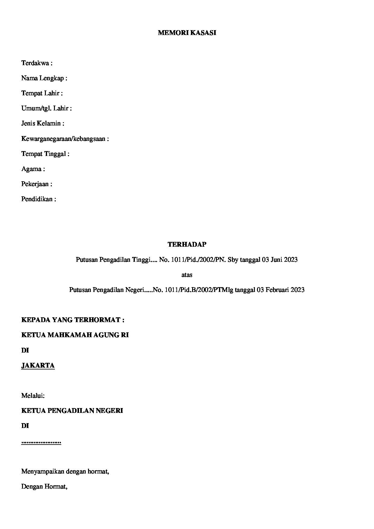Halaman pertama dokumen Memori Kasasi Perkara Pidana (Versi 1)