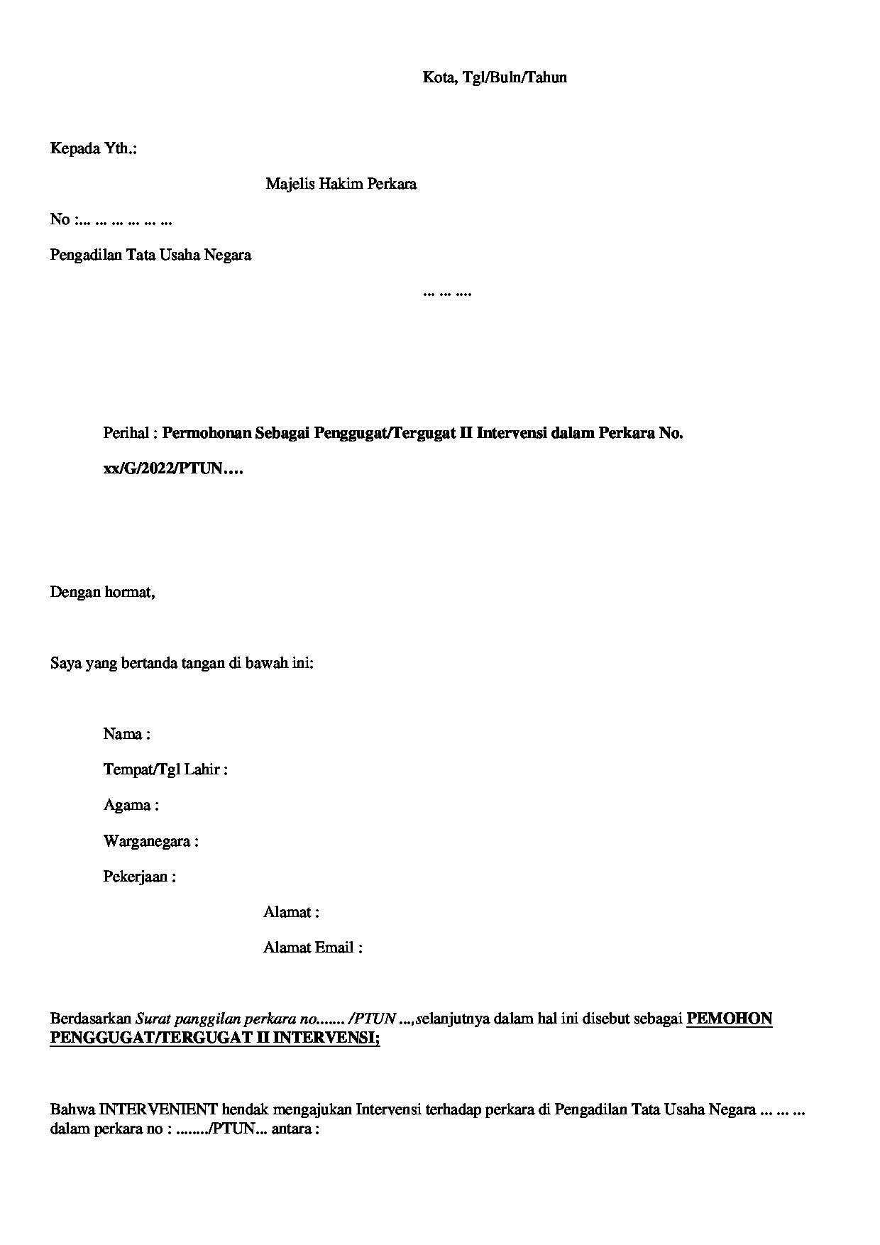 Halaman pertama dokumen Surat Permohonan Intervensi dalam Perkara PTUN
