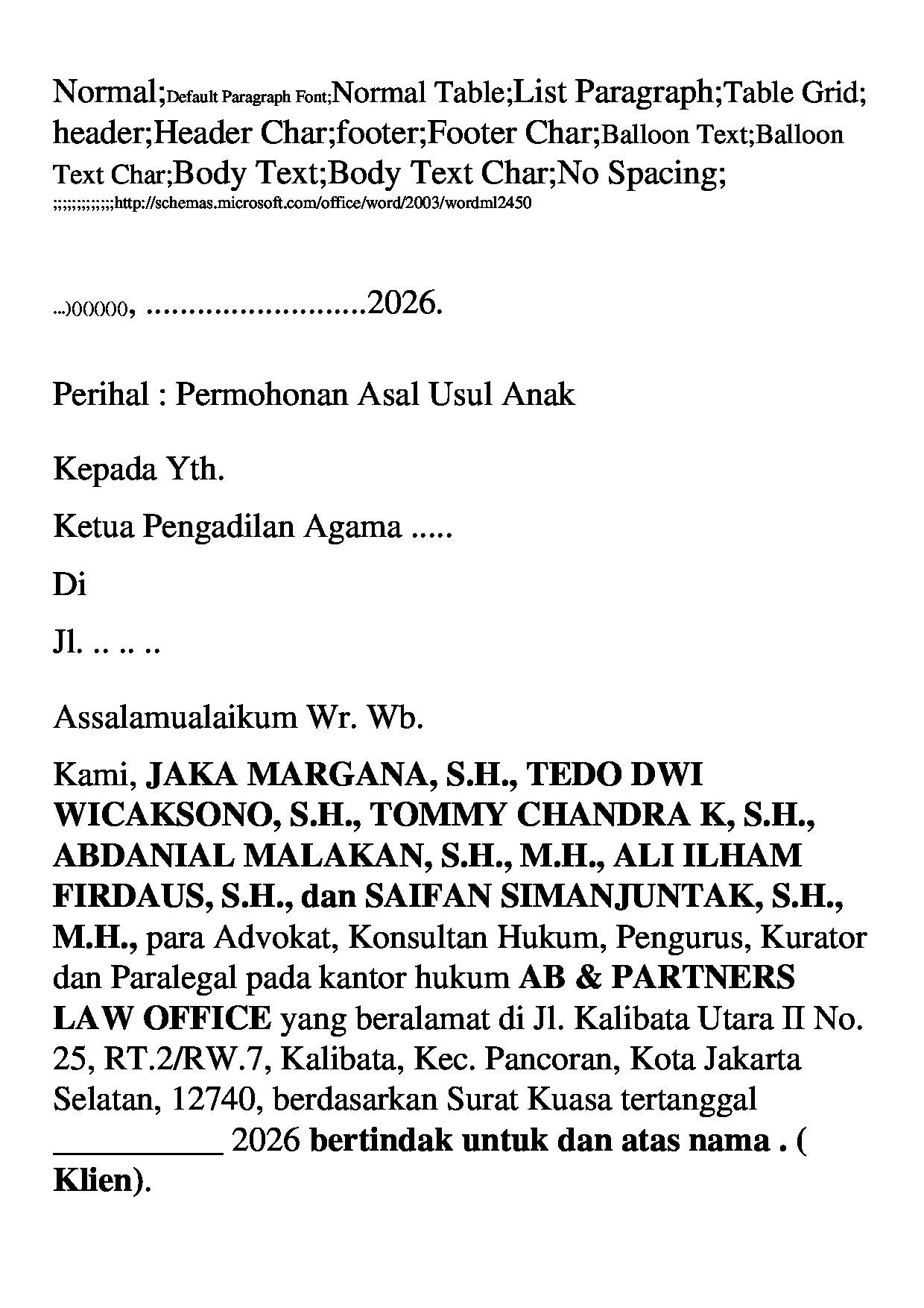 Halaman pertama dokumen Permohonan Penetapan Asal Usul Anak (Versi 2)