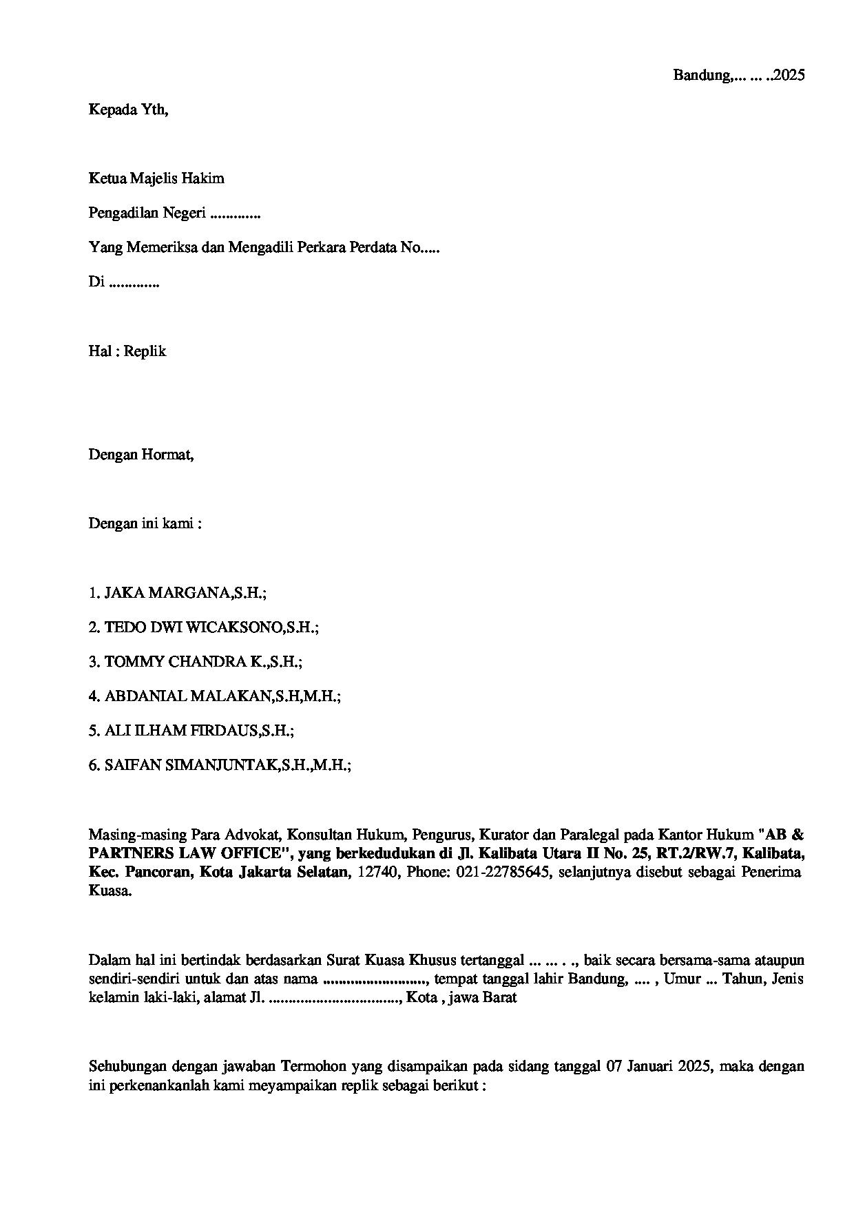 Halaman pertama dokumen Replik dalam Perkara Praperadilan