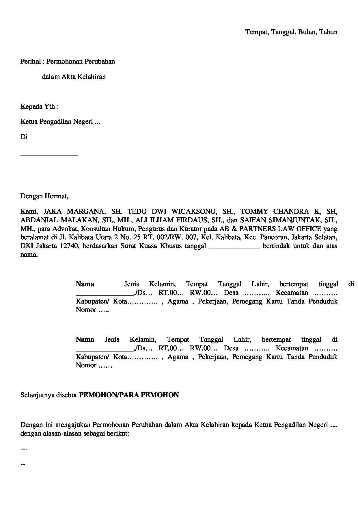 Halaman pertama dokumen Permohonan Perubahan Data dalam Akta Kelahiran (Versi 1)