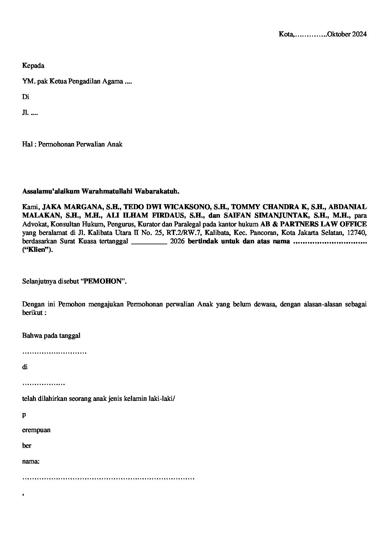 Halaman pertama dokumen Surat Permohonan Perwalian Anak (Setelah Orang Tua Meninggal)