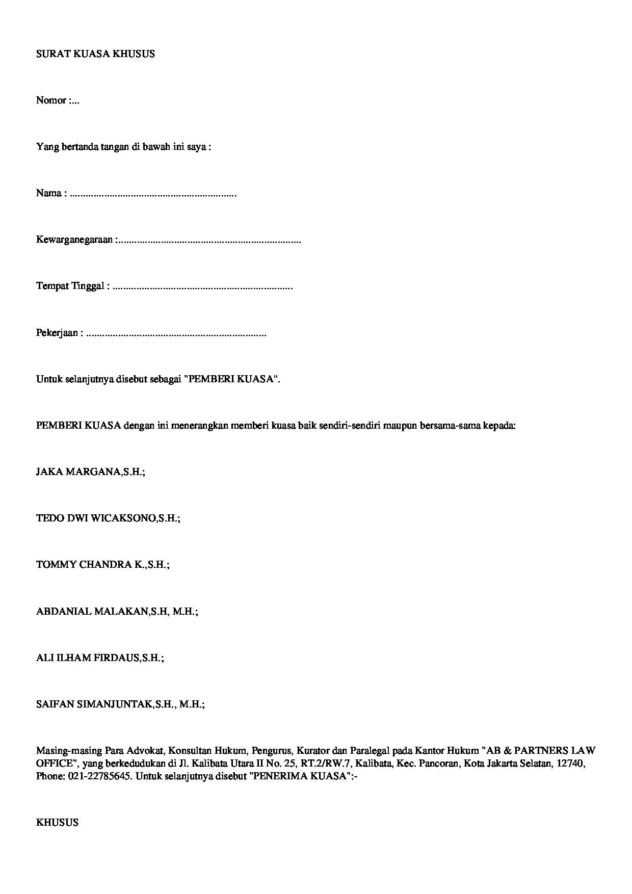 Halaman pertama dokumen Surat Kuasa Khusus Penggugat Perorangan (Contoh 1, PTUN)