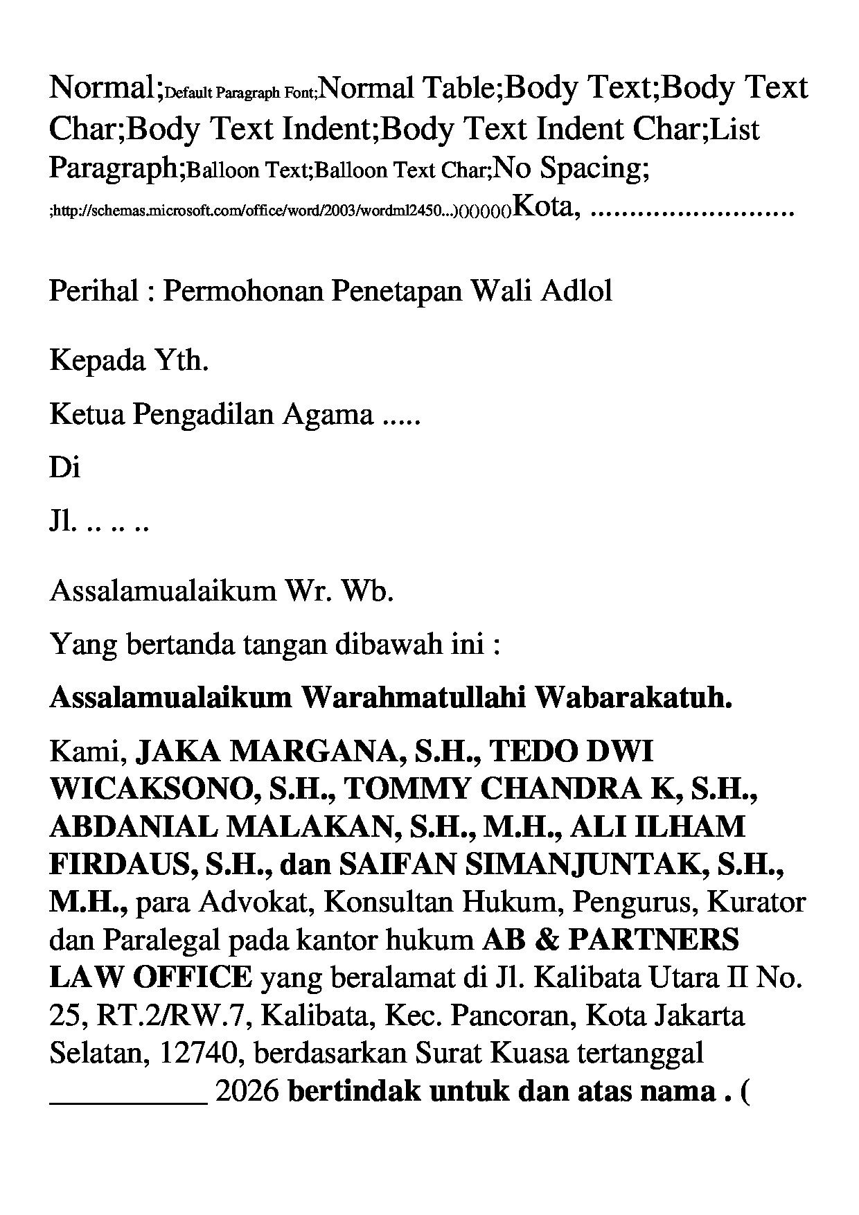 Halaman pertama dokumen Permohonan Penetapan Wali Adlol