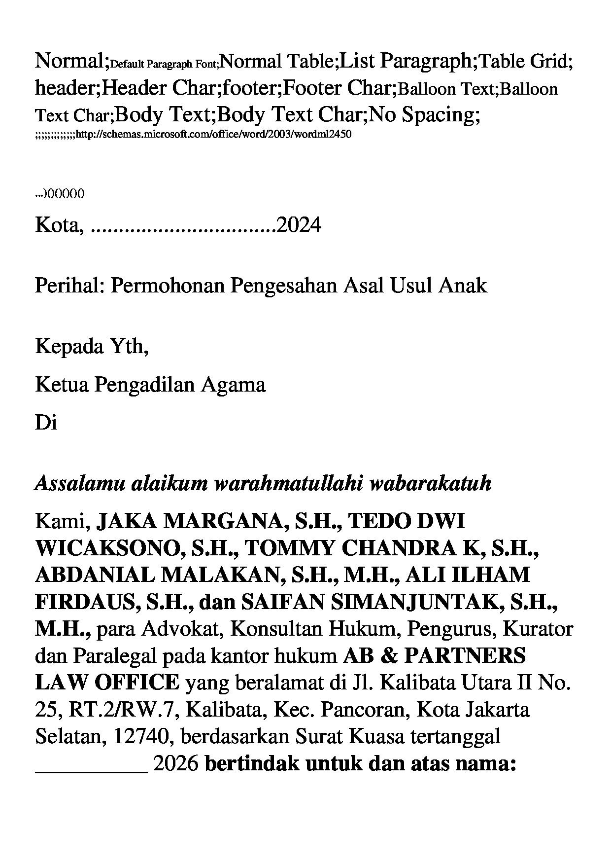 Halaman pertama dokumen Permohonan Pengesahan Asal Usul Anak
