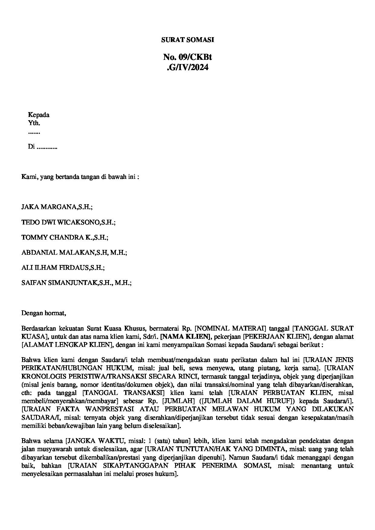 Halaman pertama dokumen Surat Somasi Wanprestasi (Template Umum)