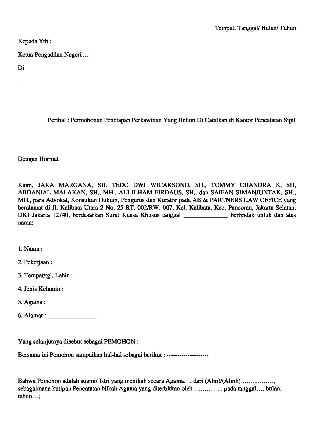 Halaman pertama dokumen Permohonan Penetapan Perkawinan yang Belum Dicatatkan di Catatan Sipil