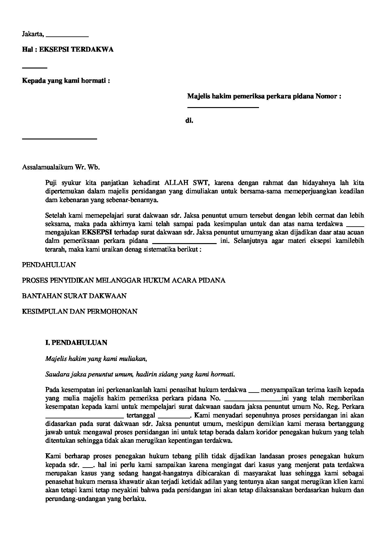 Halaman pertama dokumen Eksepsi Terdakwa atas Surat Dakwaan