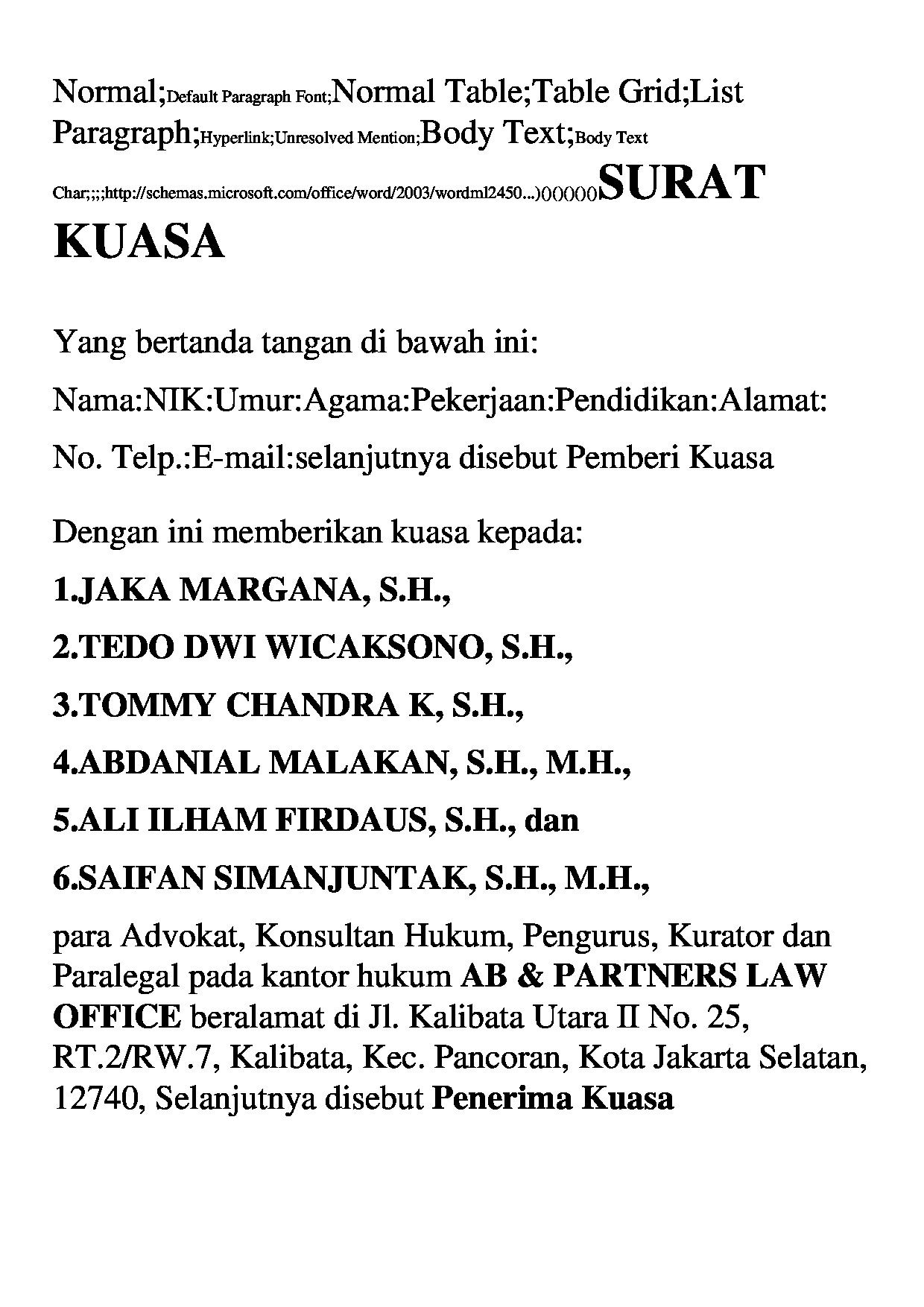 Halaman pertama dokumen Surat Kuasa Khusus untuk Perkara Verzet