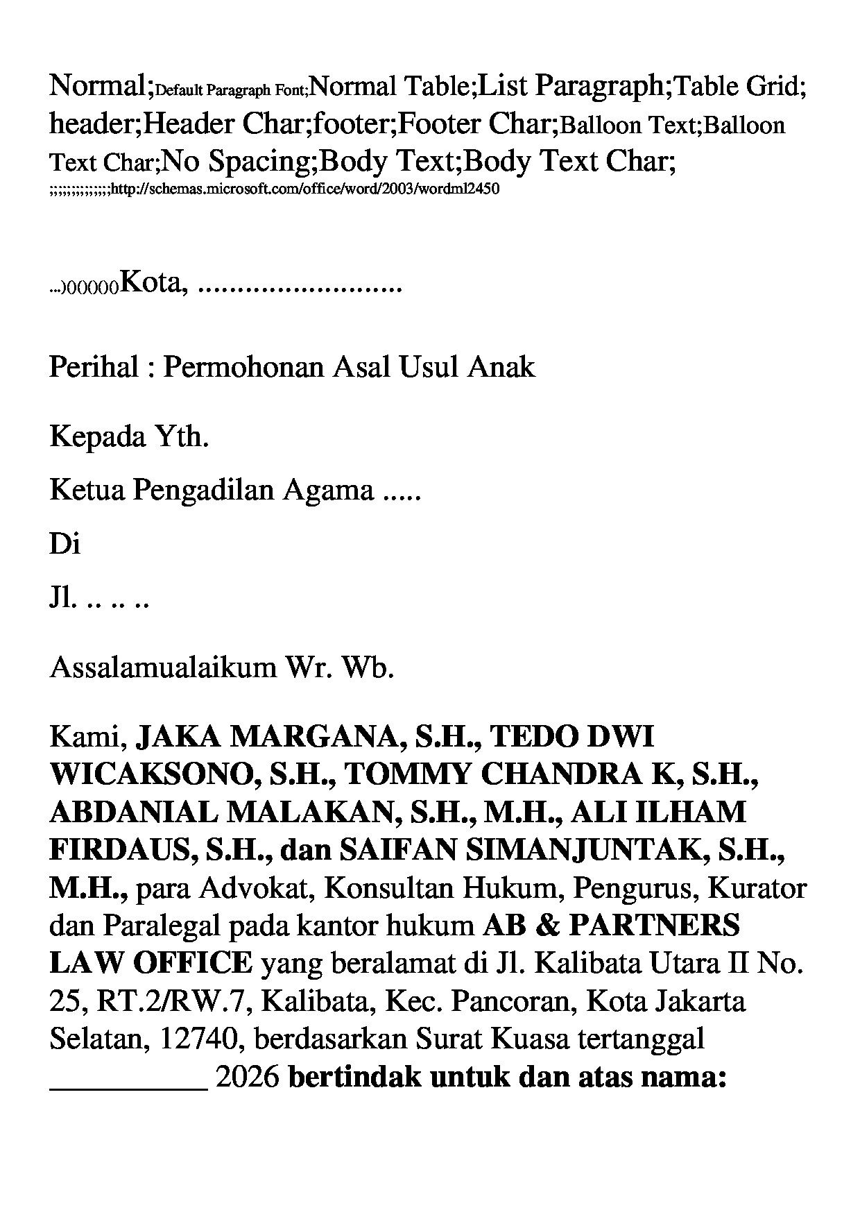 Halaman pertama dokumen Permohonan Penetapan Asal Usul Anak (Versi 1)