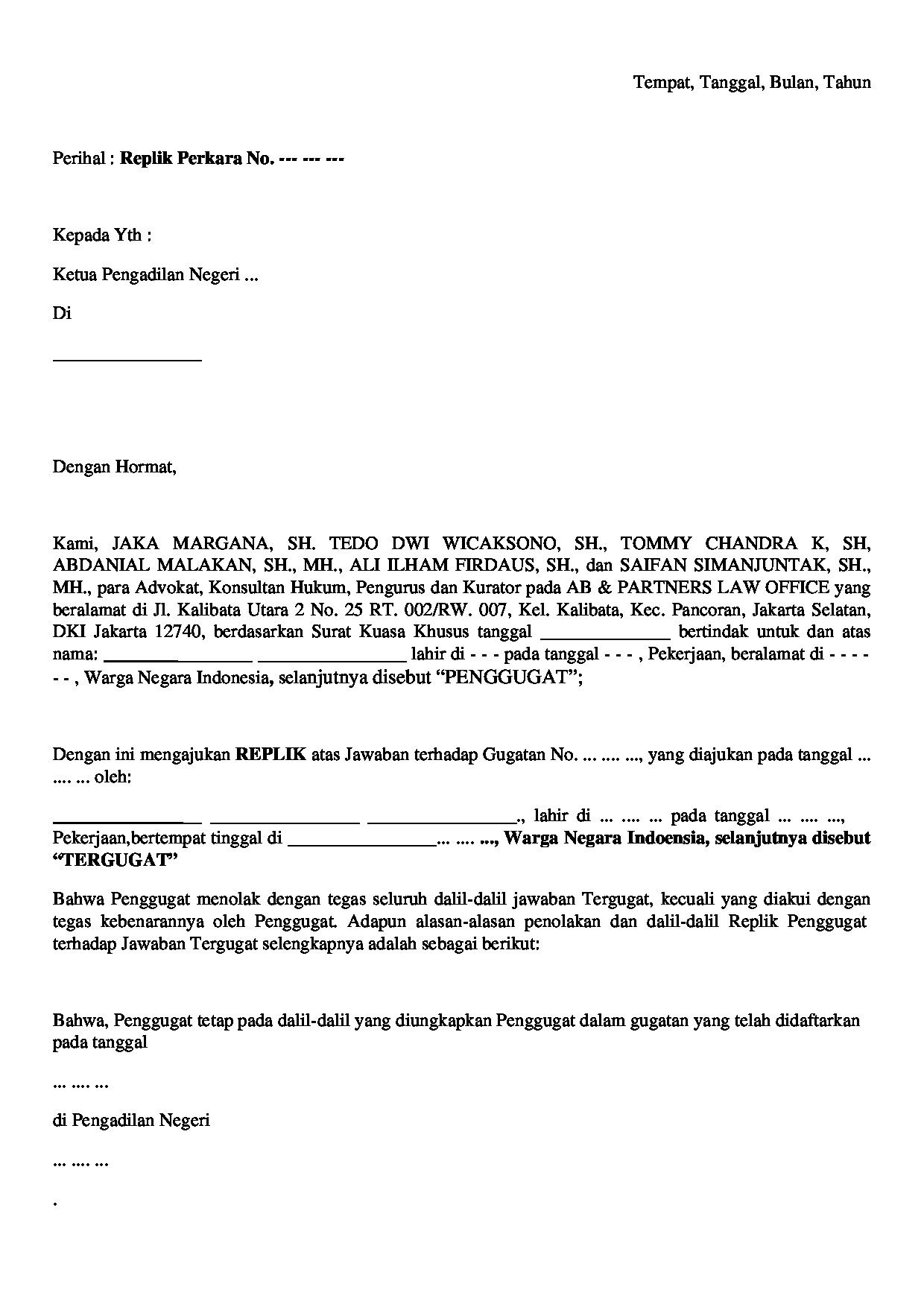 Halaman pertama dokumen Replik Penggugat atas Jawaban Tergugat dalam Perkara Cerai
