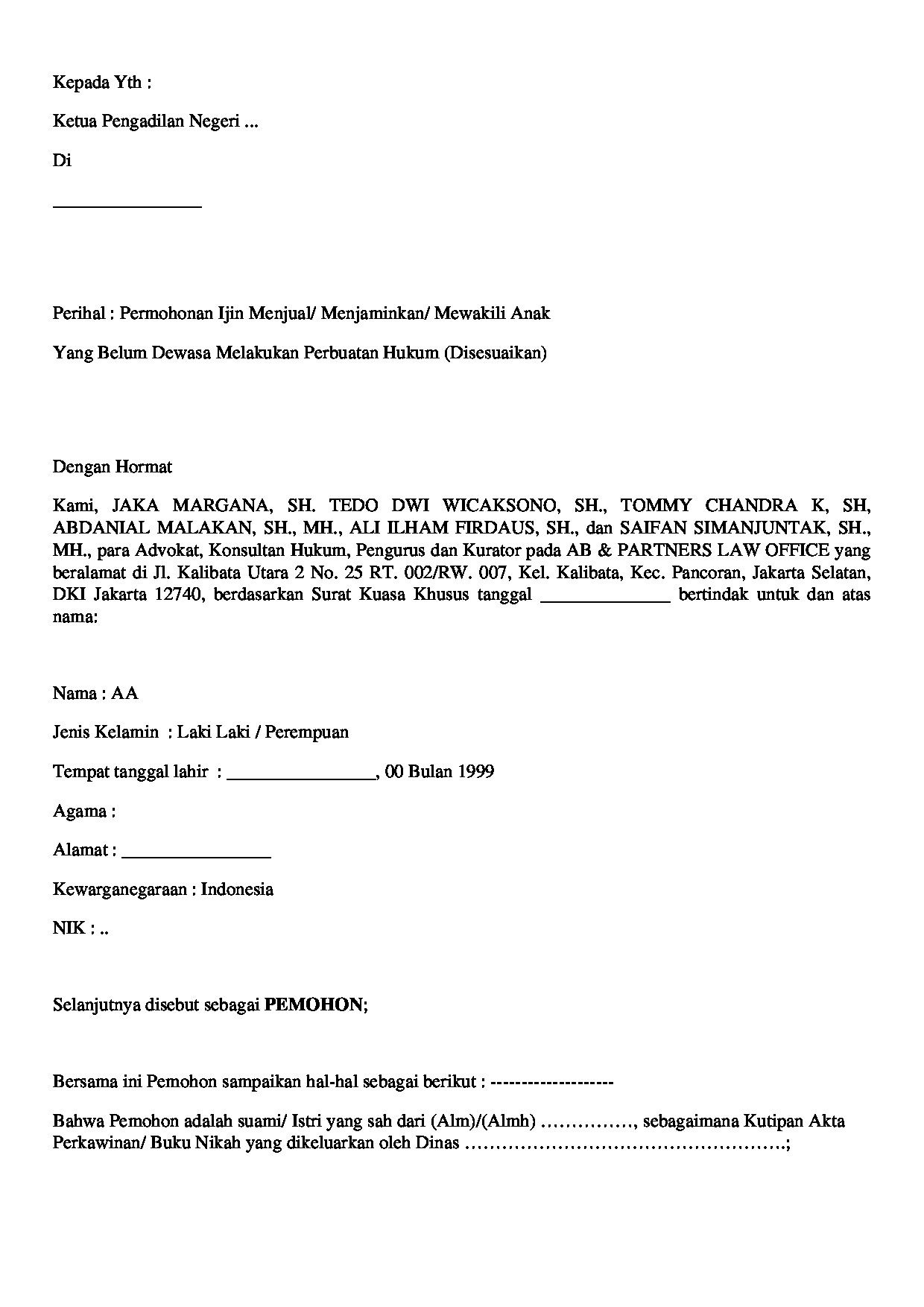 Halaman pertama dokumen Permohonan Izin Menjual atau Menjaminkan Harta Warisan Anak di Bawah Umur