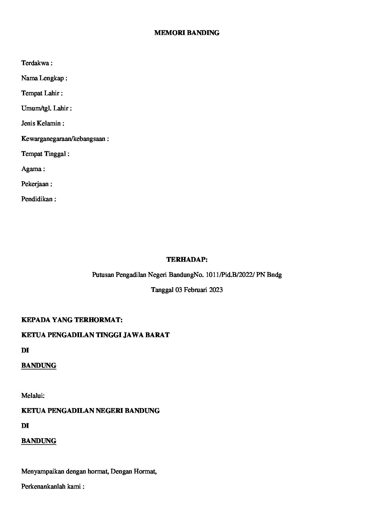 Halaman pertama dokumen Memori Banding Perkara Pidana (Versi 1)
