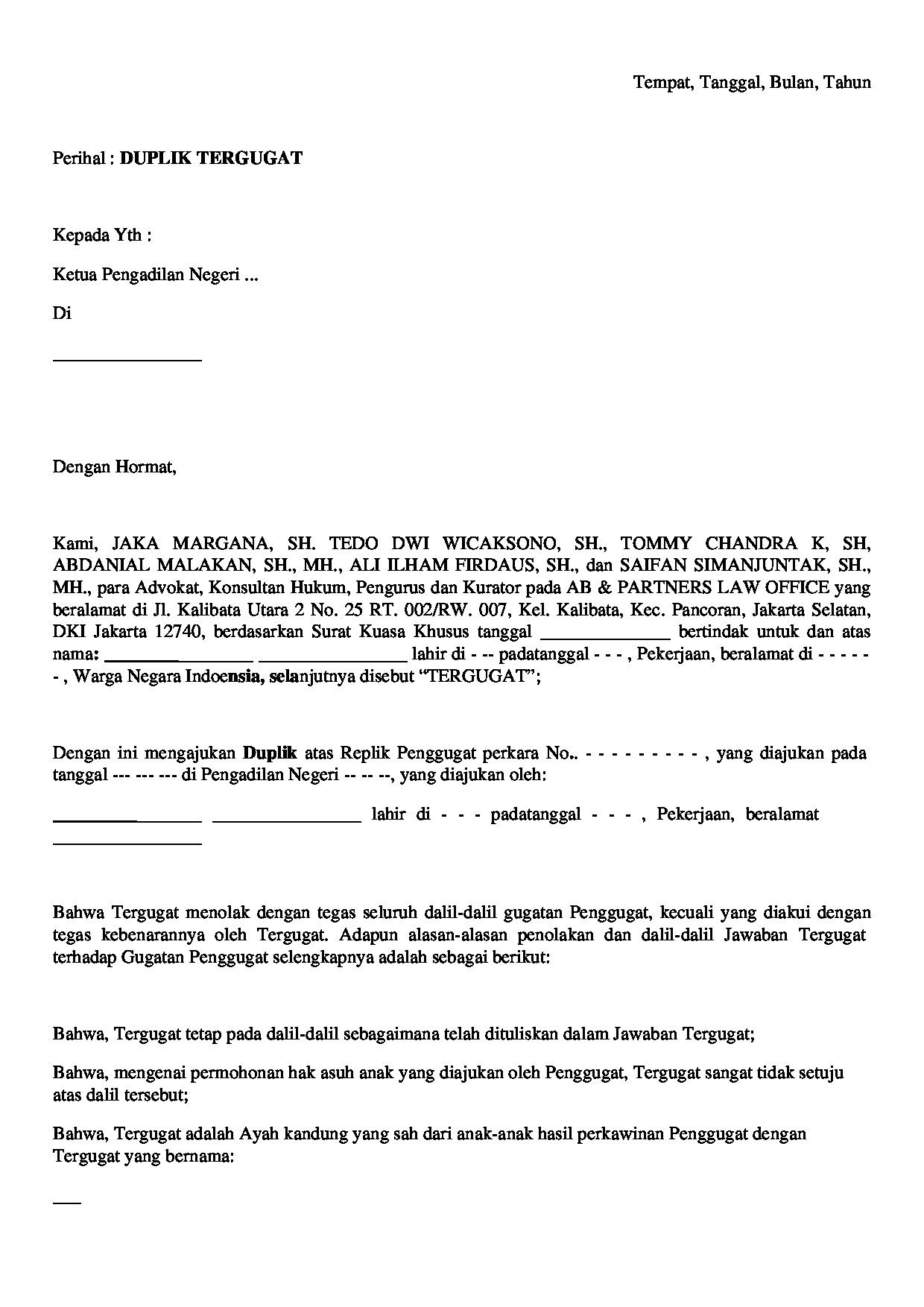 Halaman pertama dokumen Duplik Tergugat atas Replik dalam Perkara Cerai dan Hak Asuh Anak