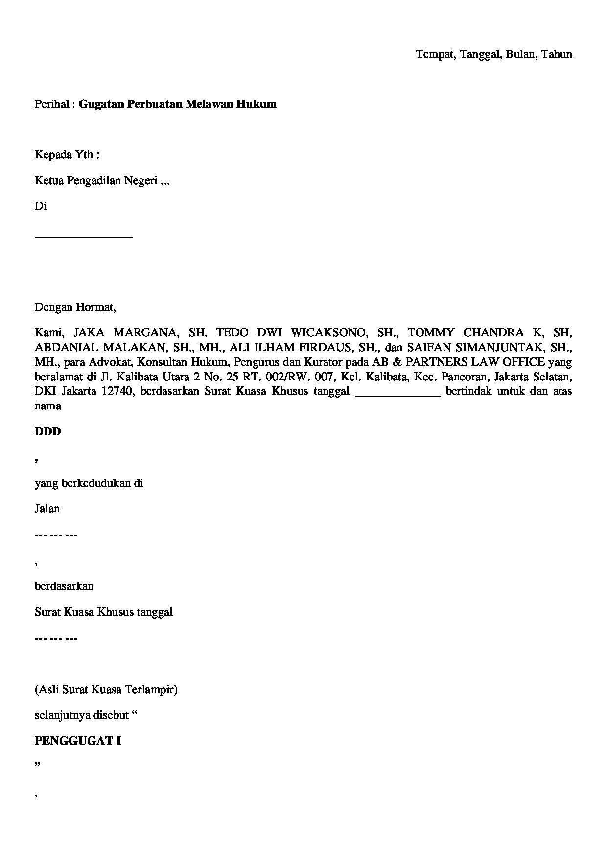 Halaman pertama dokumen Draft Gugatan Perbuatan Melawan Hukum (Kredit dan Agunan Tanah)