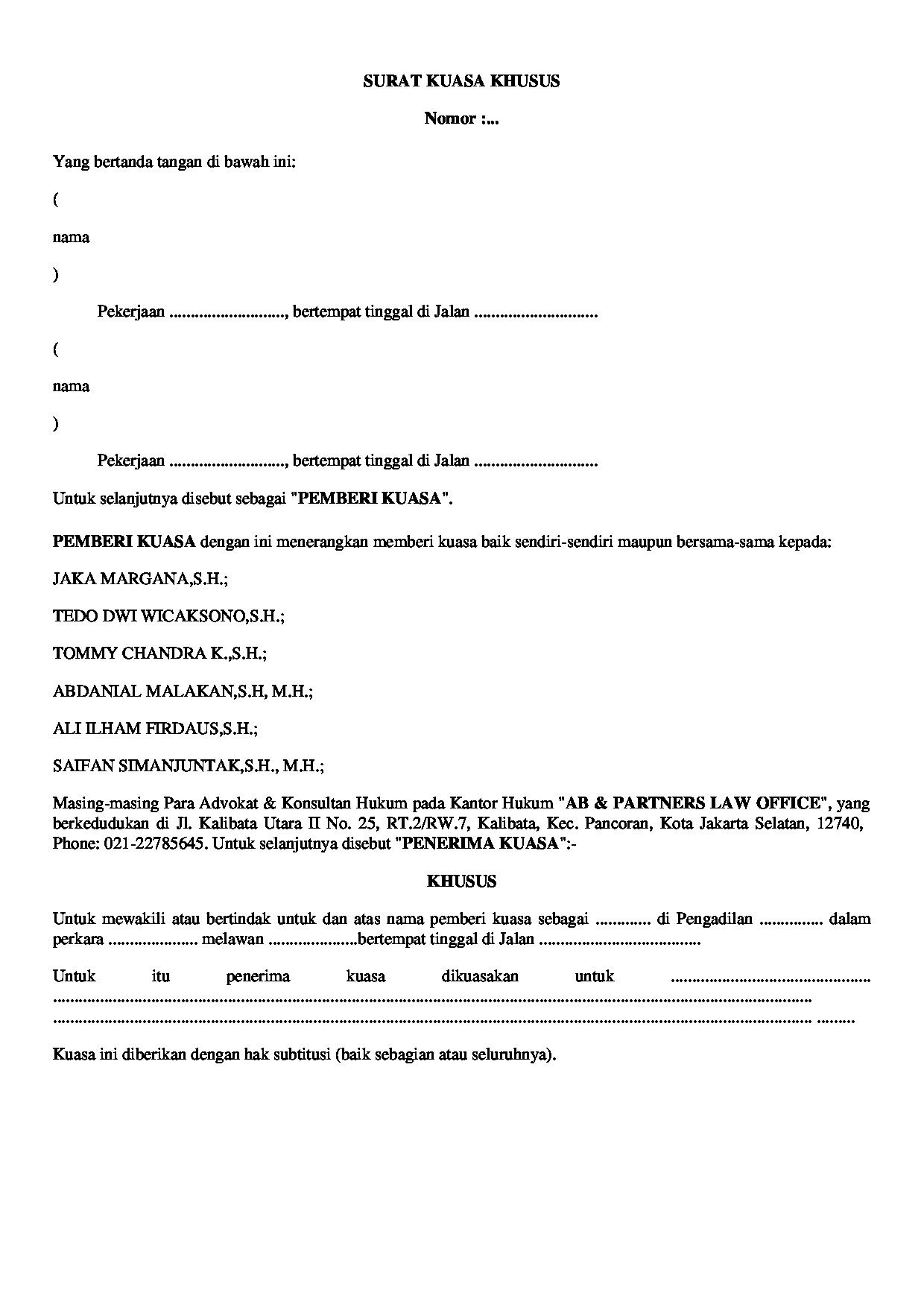 Halaman pertama dokumen Contoh Surat Kuasa Khusus Umum