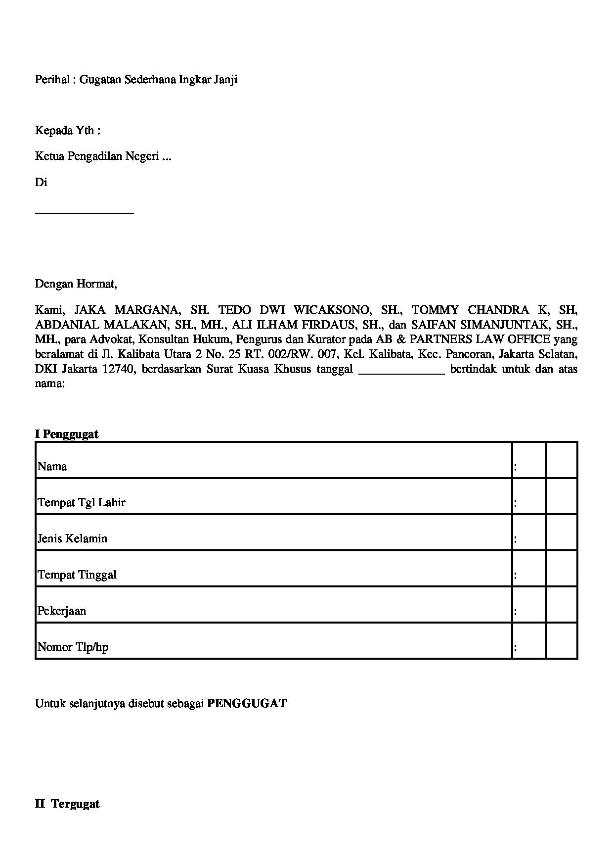 Halaman pertama dokumen Gugatan Sederhana Wanprestasi (Ingkar Janji)