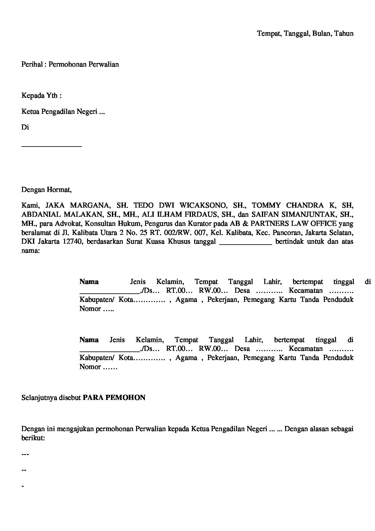 Halaman pertama dokumen Permohonan Perwalian Anak ke Pengadilan Negeri