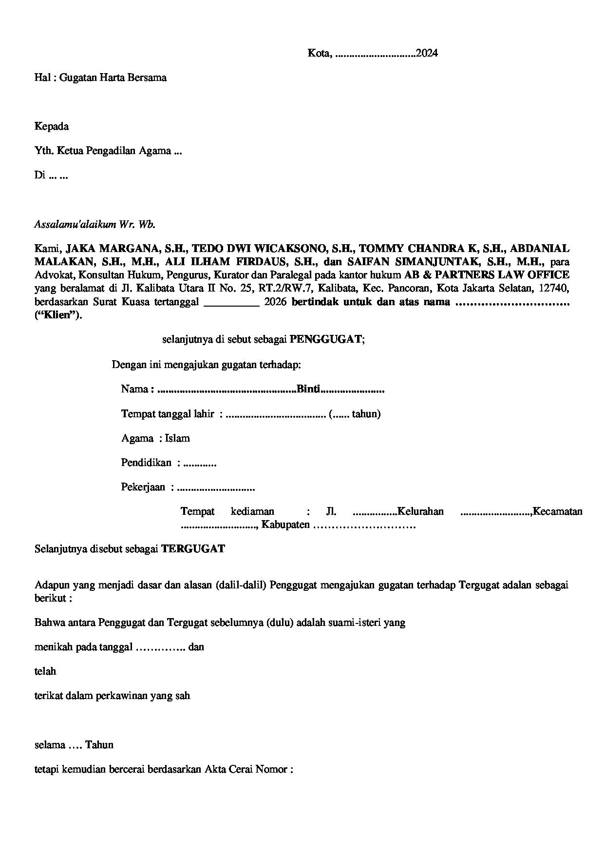 Halaman pertama dokumen Surat Gugatan Pembagian Harta Bersama (Gono-Gini)