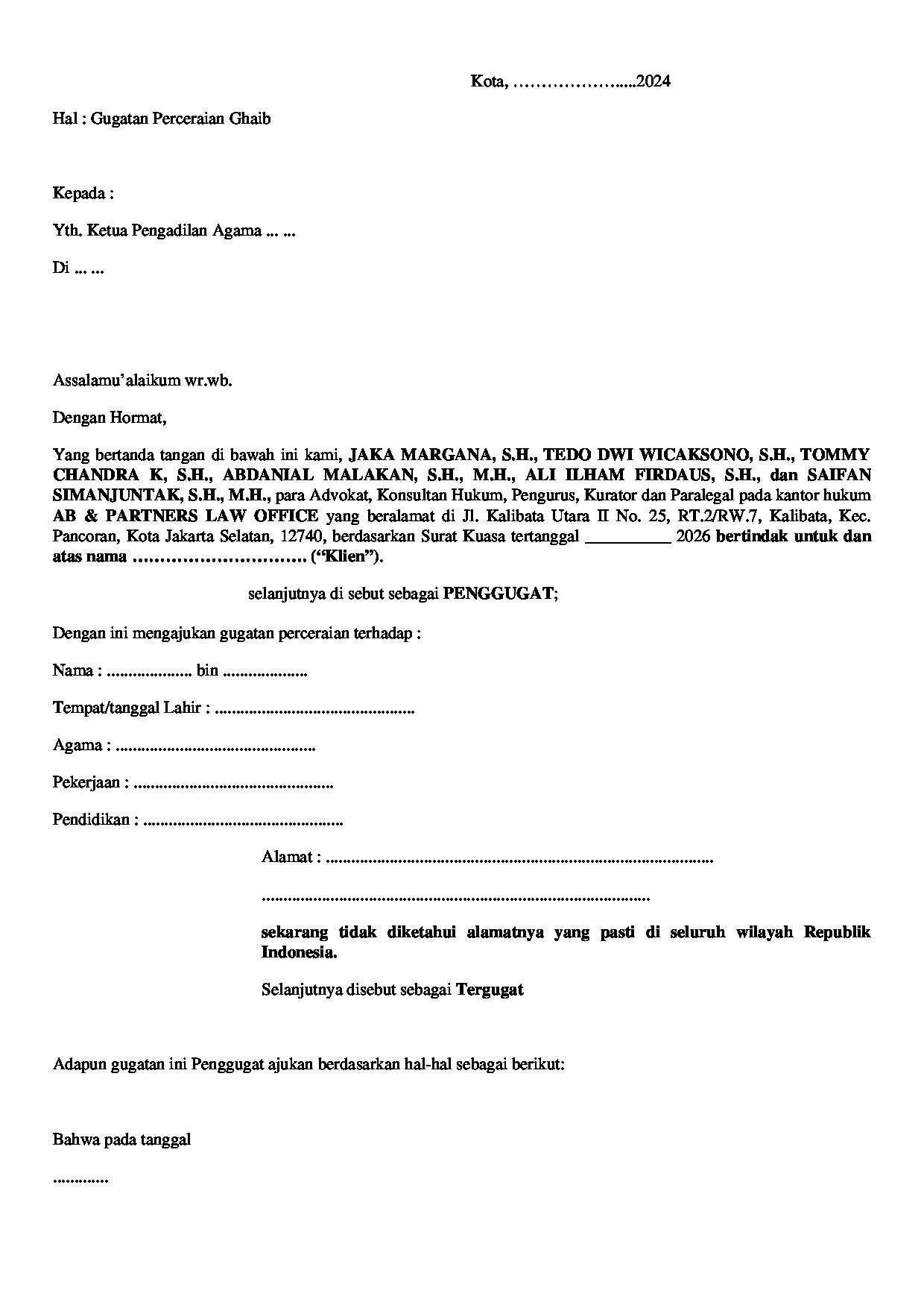 Halaman pertama dokumen Surat Gugatan Cerai Ghaib (Pihak Istri)