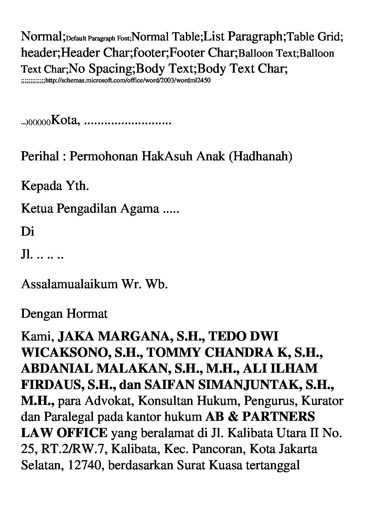 Halaman pertama dokumen Permohonan Hak Asuh Anak (Hadhanah)