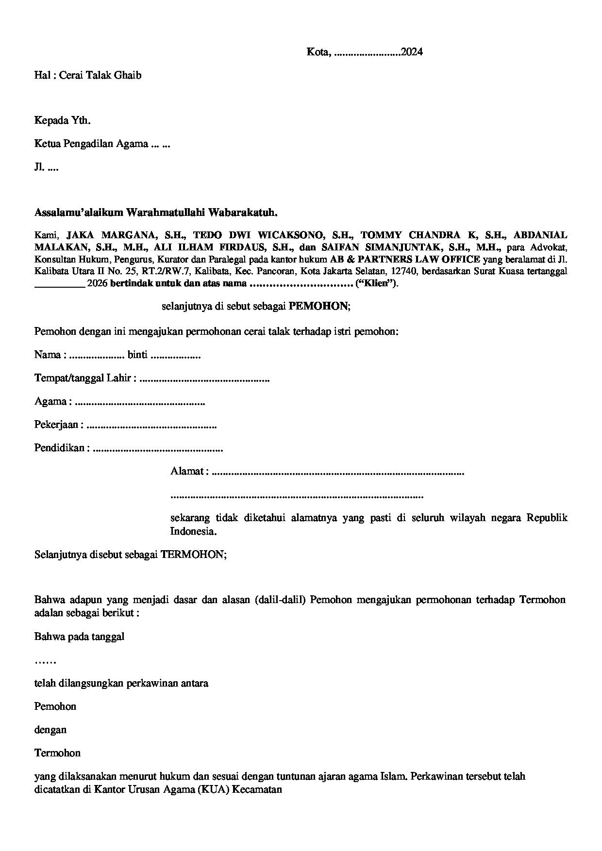 Halaman pertama dokumen Surat Permohonan Cerai Talak Ghaib (Pihak Suami)