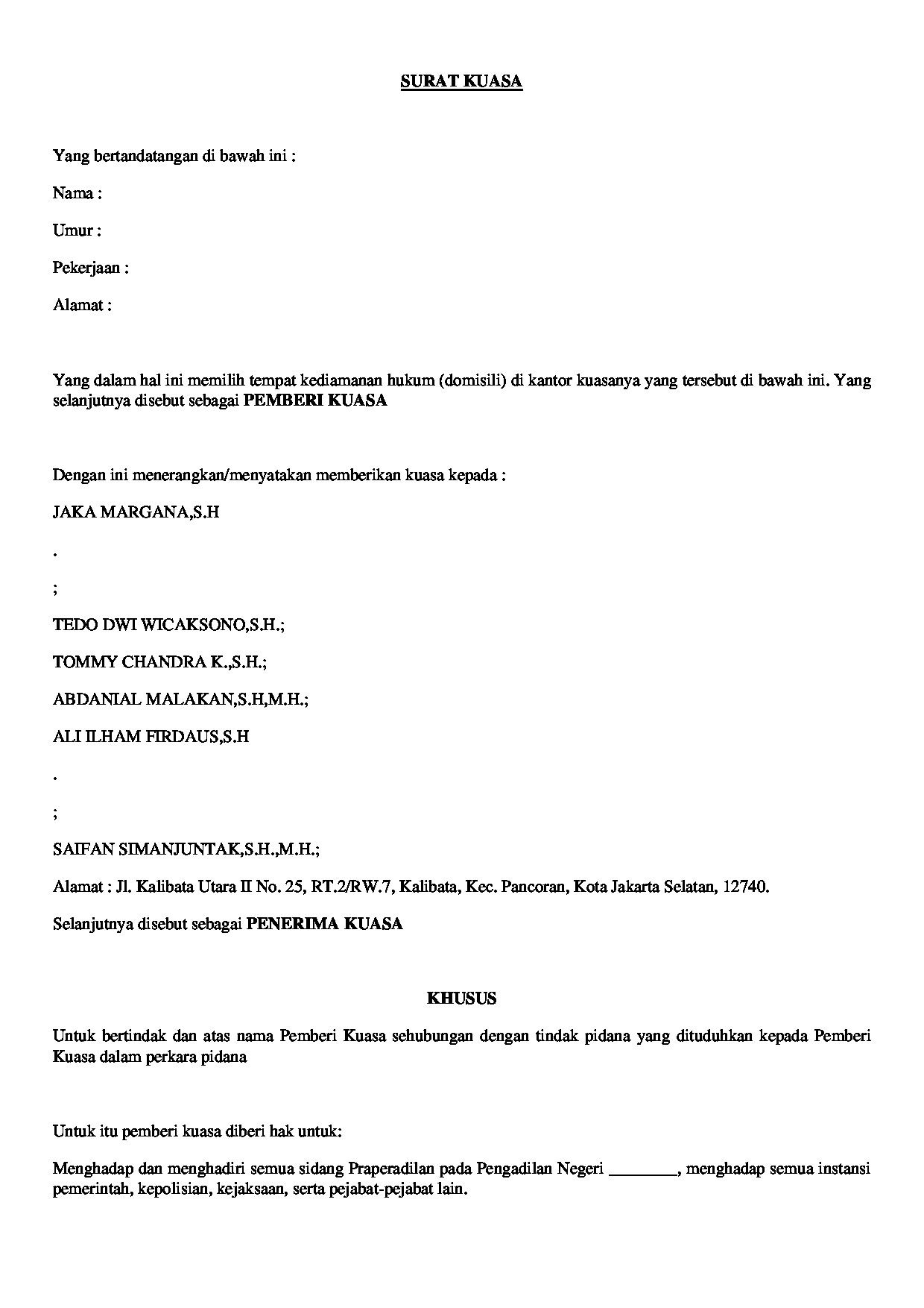 Halaman pertama dokumen Surat Kuasa Khusus Perkara Pidana