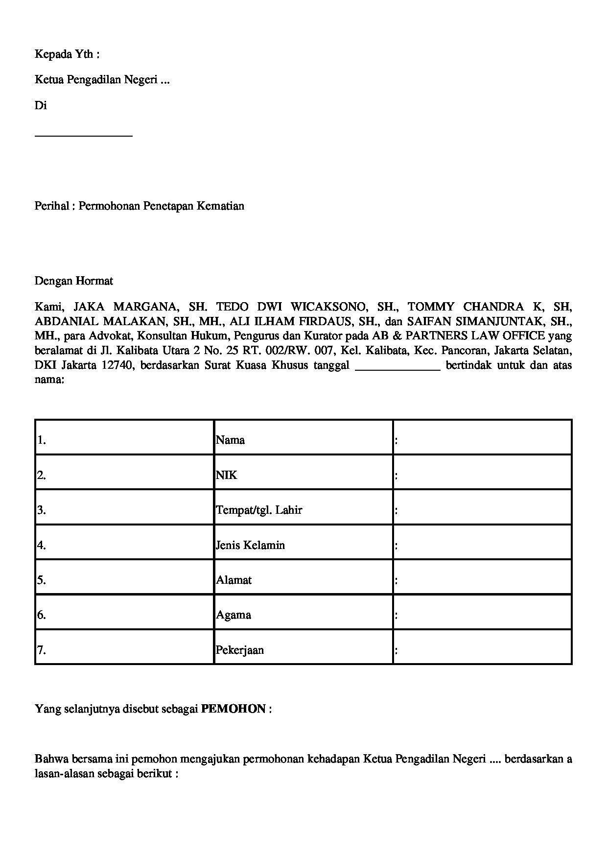 Halaman pertama dokumen Permohonan Penetapan Kematian (Versi 2)