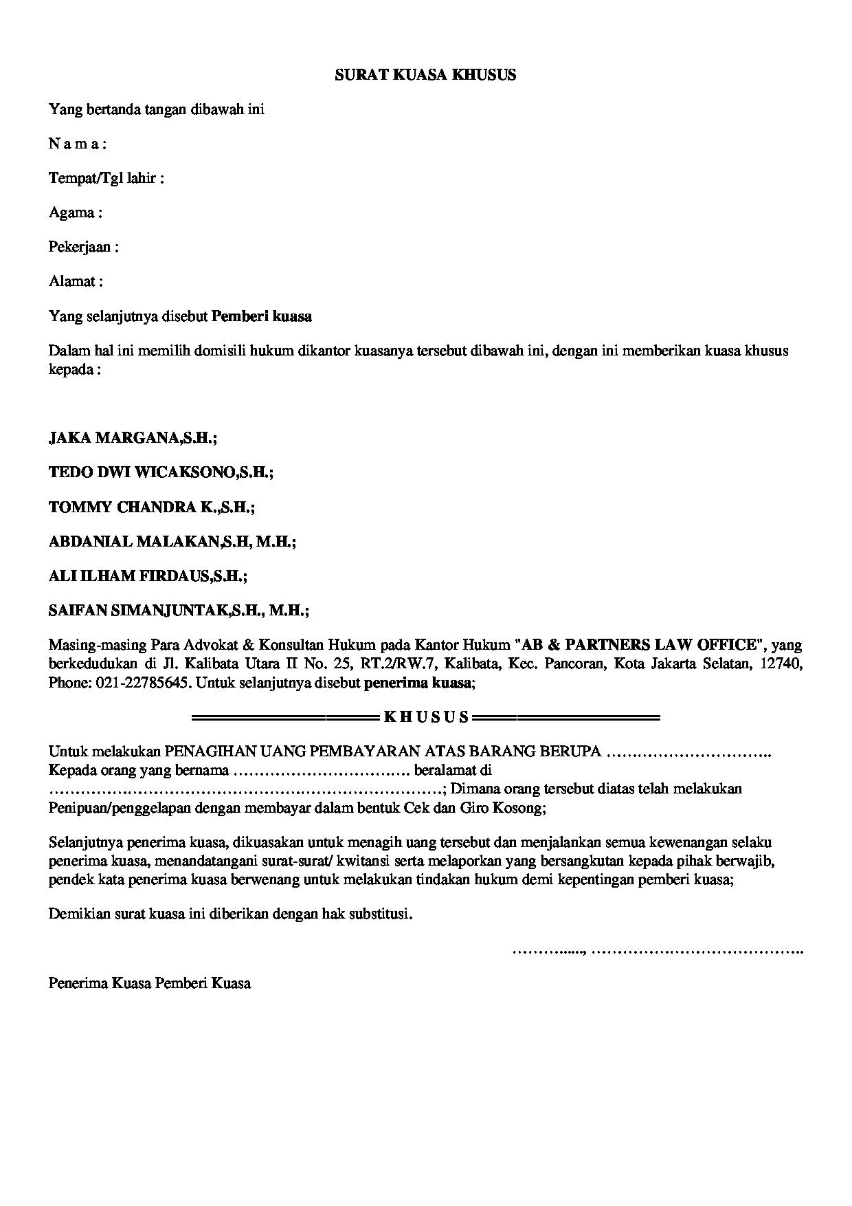 Halaman pertama dokumen Surat Kuasa Penagihan Utang / Piutang