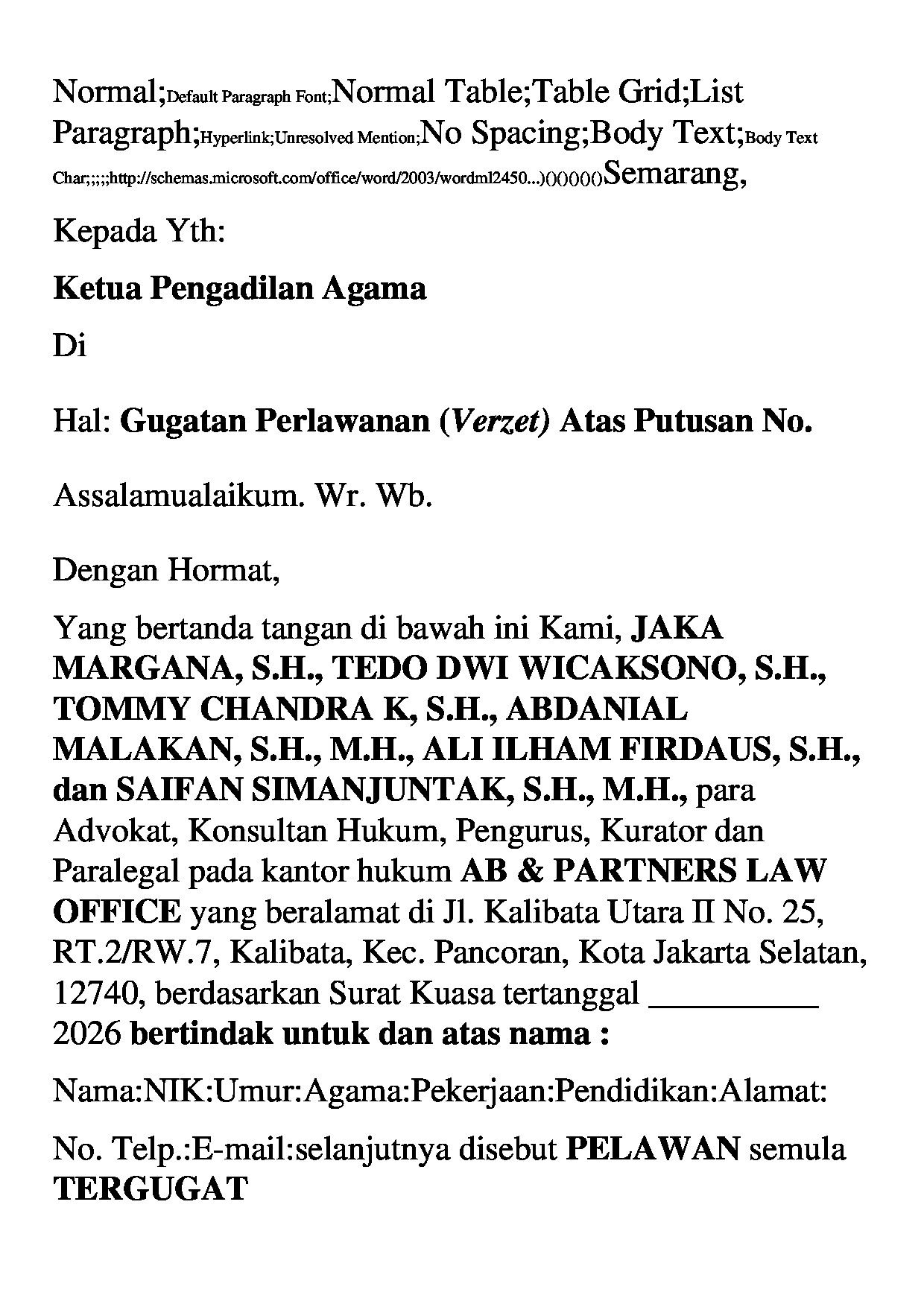 Halaman pertama dokumen Gugatan Perlawanan (Verzet) atas Putusan Verstek Cerai Gugat