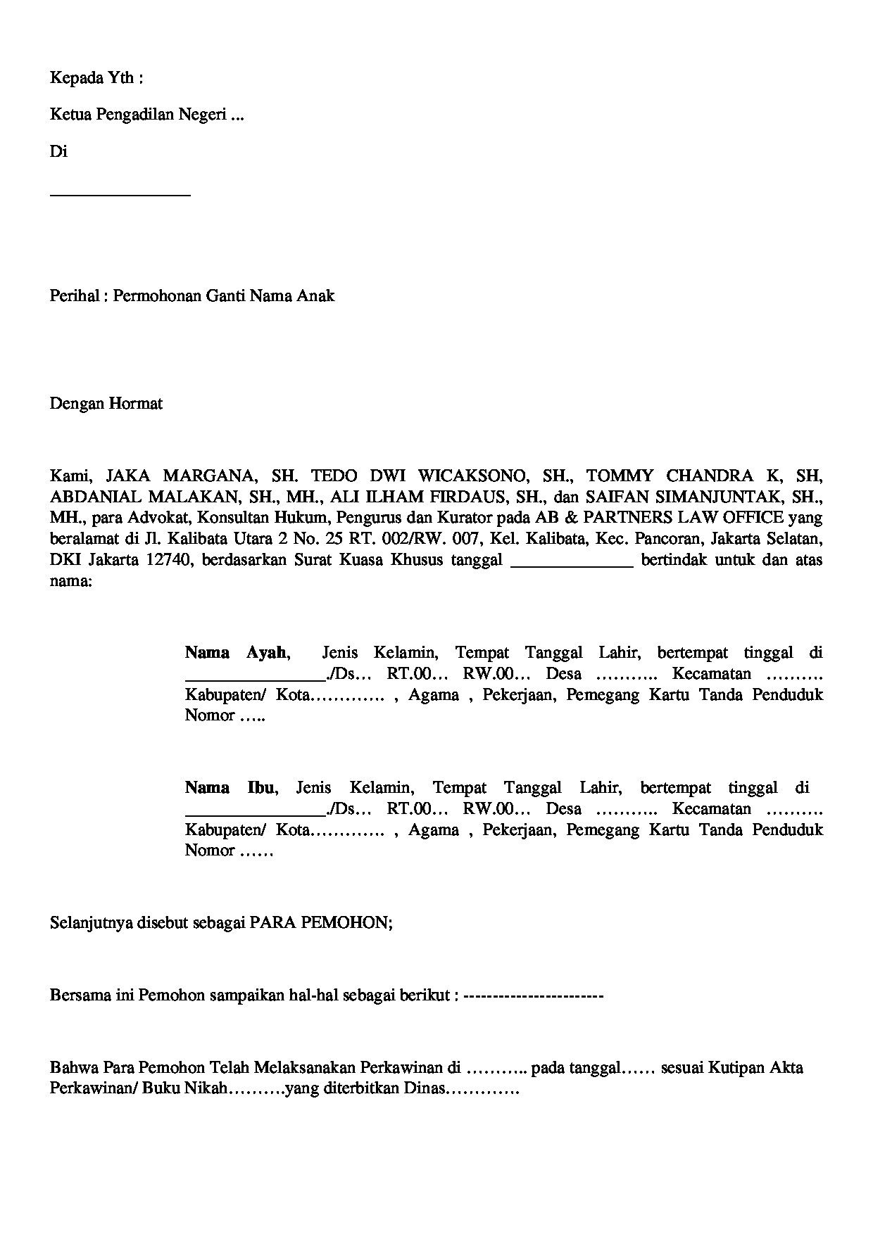 Halaman pertama dokumen Permohonan Ganti Nama Anak