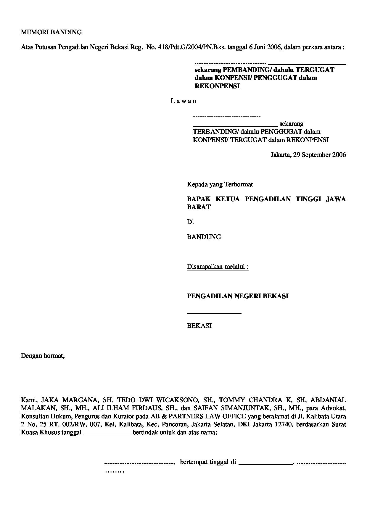Halaman pertama dokumen Memori Banding Perkara Perdata (Versi 2)