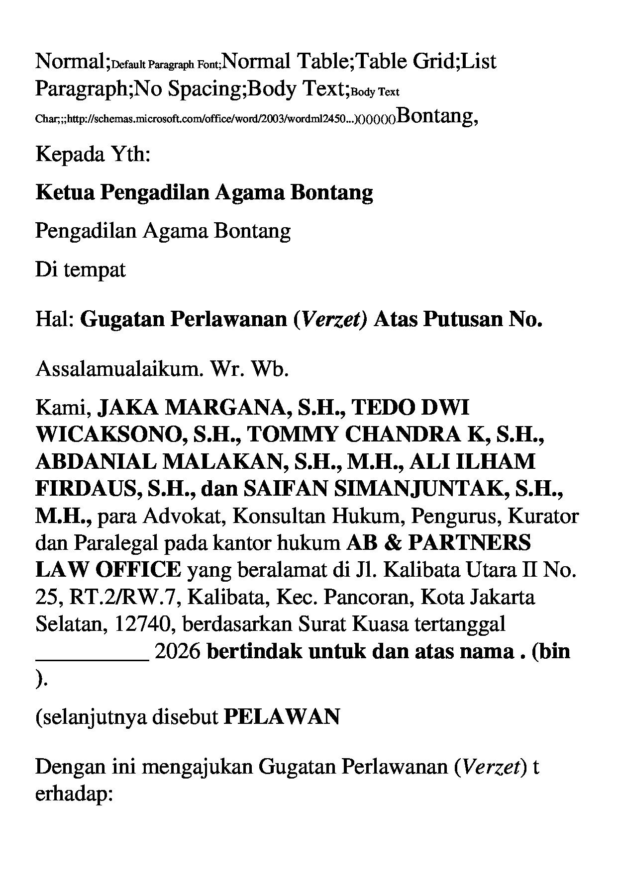 Halaman pertama dokumen Gugatan Perlawanan (Verzet) atas Putusan Verstek