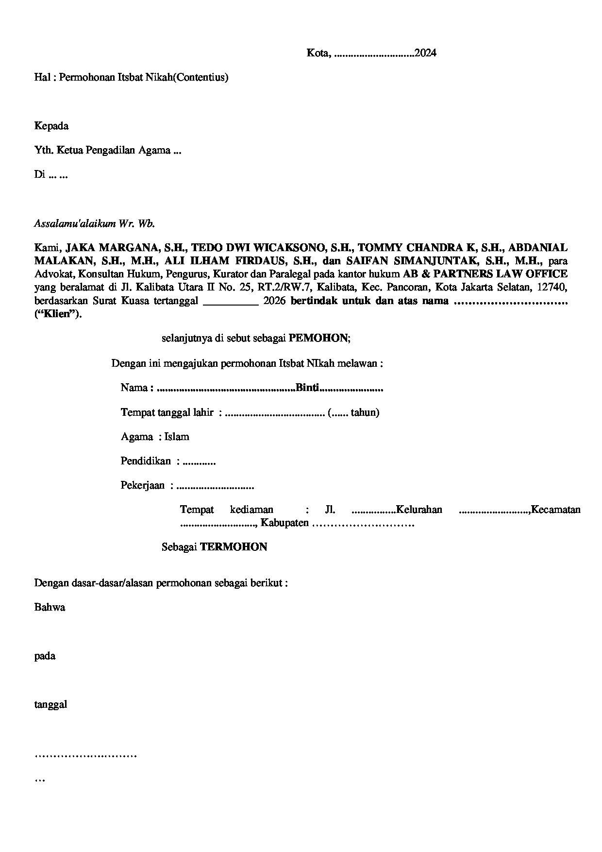 Halaman pertama dokumen Surat Permohonan Isbat Nikah Contentius (Melawan Pihak Lain)