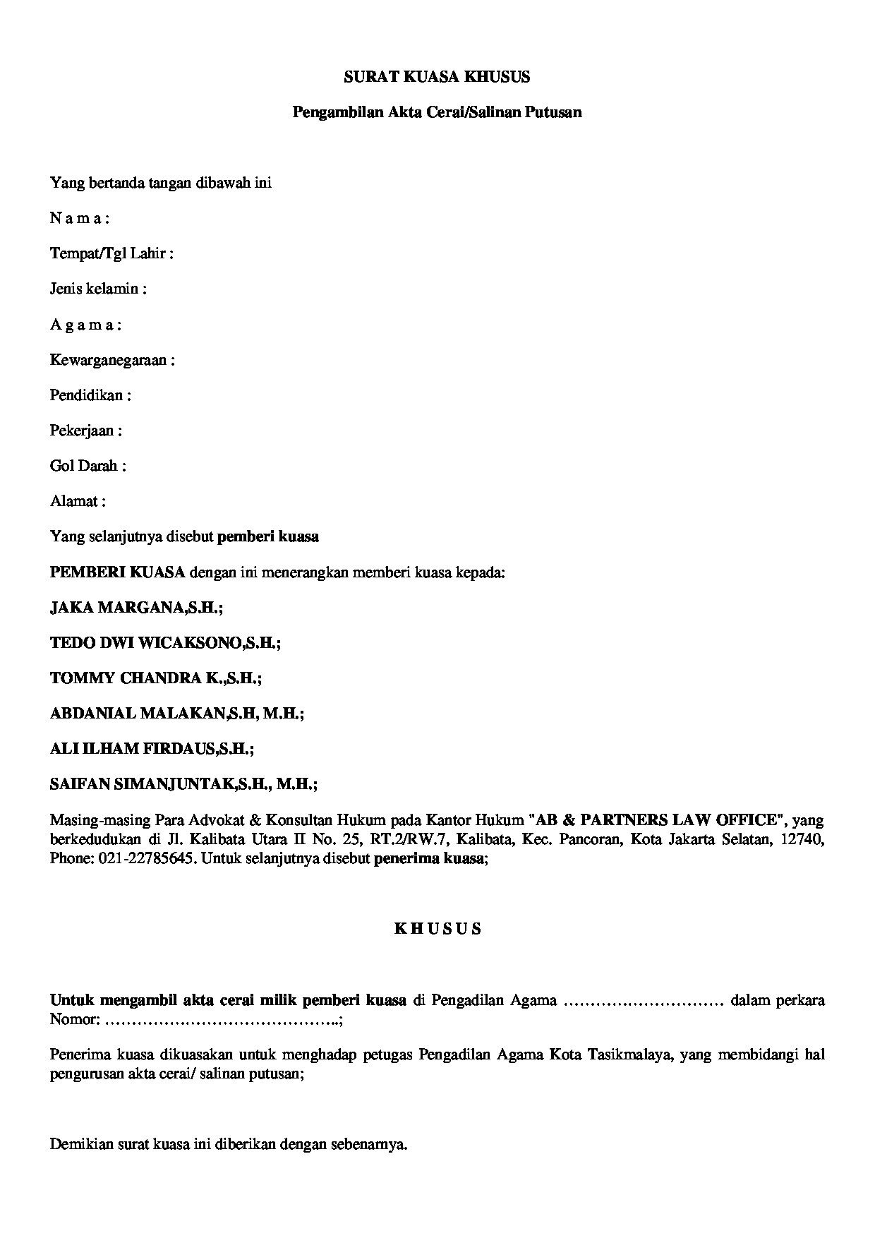 Halaman pertama dokumen Surat Kuasa Pengambilan Akta Cerai / Salinan Putusan